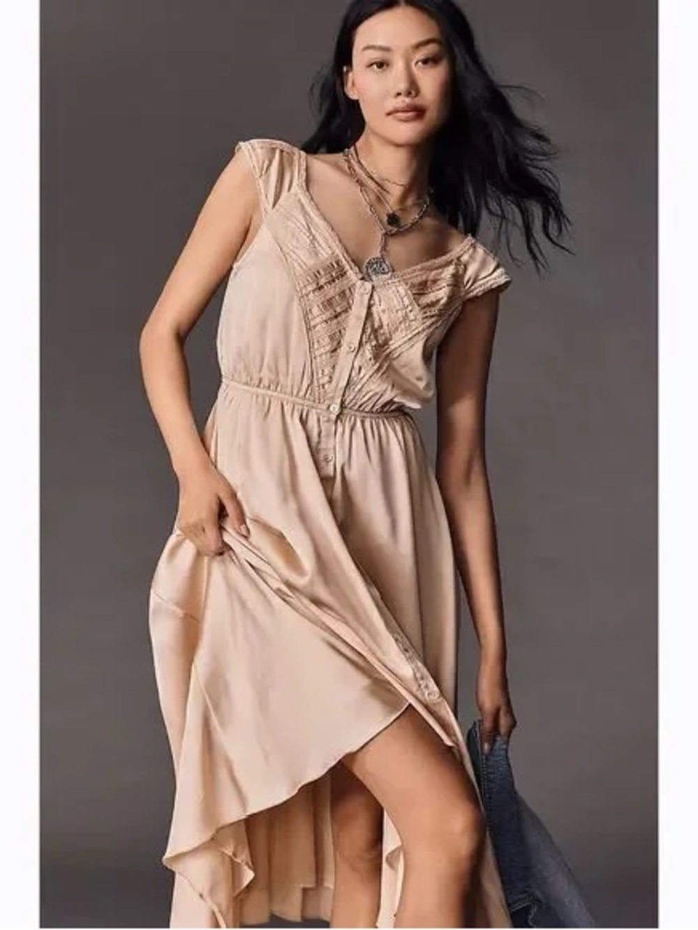 Anthropologie Hanky-hem Cream Cap-Sleeve High-Low Button Dress